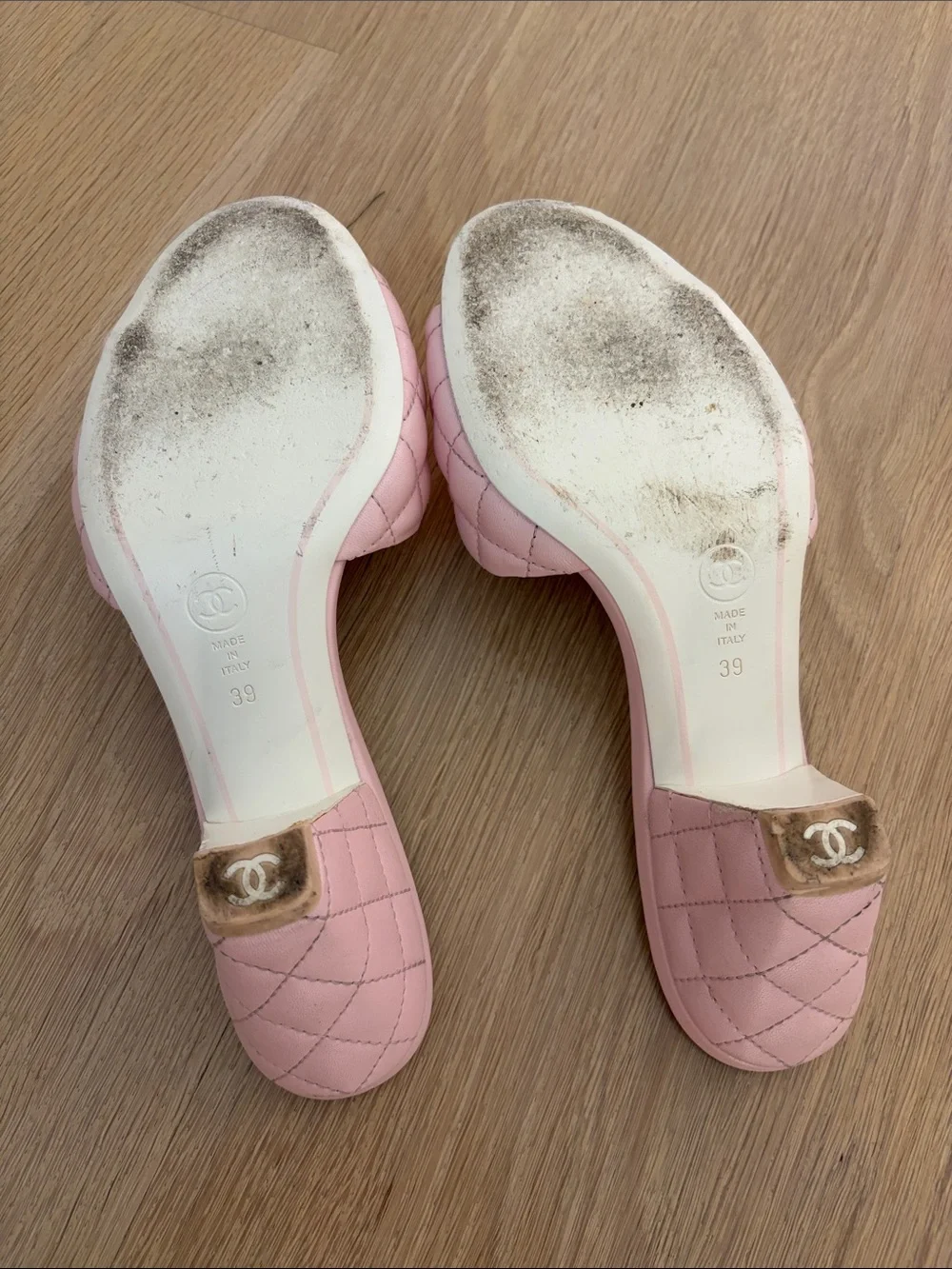 CHANEL Quilted Pink Slide Mules with Gold CC Emblems